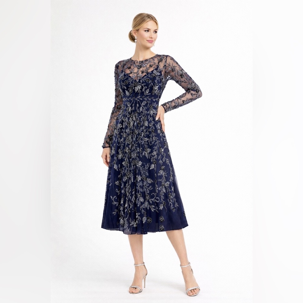 Mac Duggal Navy Blue Long Sleeve Embroidered Tea-Length Dress